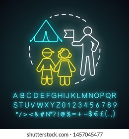 Summer camp counselor neon light icon. Seasonal job. Childcare worker. Campers supervision. Temporary recruitment. Glowing sign with alphabet, numbers and symbols. Vector isolated illustration