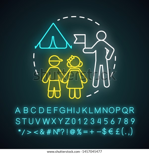 Summer camp counselor neon light icon.\
Seasonal job. Childcare worker. Campers supervision. Temporary\
recruitment. Glowing sign with alphabet, numbers and symbols.\
Vector isolated\
illustration