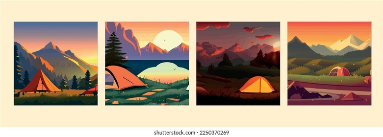 Summer camp and couple  tent   bonfire at night  Vector cartoon landscape natural park  countryside and lake mountains in the background  Picnic bank the river  set illustrations 