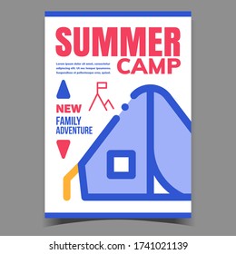 Summer Camp Creative Advertisement Poster Vector. Touristic Tent For Family Summer Adventure And Rock With Flag On Peak Advertising Banner. Camping Concept Template Stylish Colorful Illustration
