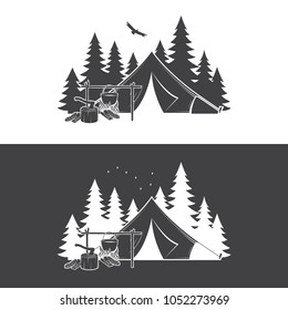 Summer camp day and night. Vector illustration. Concept for shirt or logo, print, stamp or tee. Vintage typography design with camper tent, pot on the fire, axe and mountain silhouette.