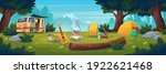 Summer camp at day time. Rv caravan stand at campfire with pot, tent, log, cauldron and guitar on mountain view. Summertime camping, traveling, trip, hiking activities, Cartoon vector illustration