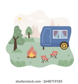 Summer camp in daytime. Rv caravan standing near campfire, nature view. Summer camping, travel, trip, hiking. cartoon flat vector illustration