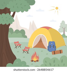 Summer camp, daytime. Tourist tent, campfire, backpack and chairs. Nature view. Summer camping, travel, trip, hiking. cartoon flat vector illustration