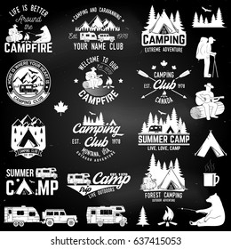 Summer camp with design elements on the chalkboard. Vector illustration. Concept for shirt or logo, print, stamp or tee. Design with rv trailer, camping tent, man with guitar and forest silhouette.