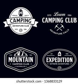 Summer camp with design elements. Vector illustration. Camping and outdoor adventure emblems. Vintage typography design with mountain, lamp and campfire silhouette.