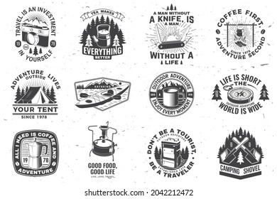 Summer camp with design elements. Vector illustration. Camping and outdoor adventure emblems. Typography design with retro camping tea kettle, pocket knife, camping tent, mug and forest silhouette.