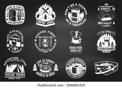 Summer camp with design elements. Vector illustration. Camping and outdoor adventure emblems. Typography design with retro camping tea kettle, pocket knife, camping tent, mug and forest silhouette.