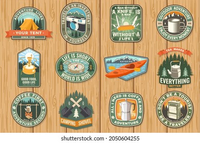 Summer camp with design elements. Vector illustration. Camping and outdoor adventure emblems. Typography design with retro camping tea kettle, pocket knife, camping tent, mug and forest silhouette.