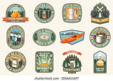 Summer camp with design elements. Vector illustration. Camping and outdoor adventure emblems. Typography design with retro camping tea kettle, pocket knife, camping tent, mug and forest silhouette.