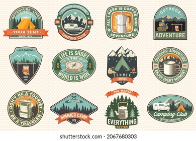 Summer camp with design elements. Vector illustration. Camping and outdoor adventure emblems. Typography design with retro camping tea kettle, pocket knife, camping tent, mug and forest silhouette.