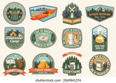 Summer camp with design elements. Vector illustration. Camping and outdoor adventure emblems. Typography design with retro camping tea kettle, compass, kayak, camping tent, mug and forest silhouette.