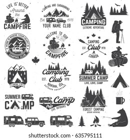 Summer camp with design elements. Vector illustration. Camping and outdoor adventure emblems.  Vintage typography design with rv trailer, camping tent, man with guitar and forest silhouette.