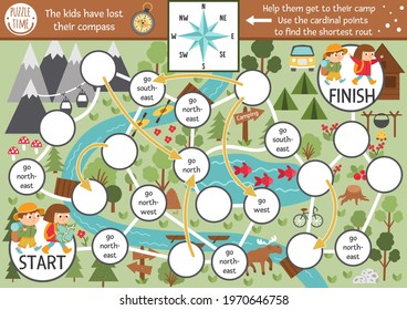 Summer camp dice board game for children with map and compass points. Active holidays boardgame with hiking children going to the camp. Family trip activity. Nature outdoor printable worksheet 

