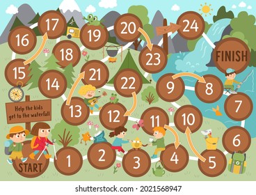 Summer camp dice board game for children with cute animals and kids. Active holidays boardgame with hiking children going to waterfall. Family trip activity. Nature outdoor printable worksheet 
