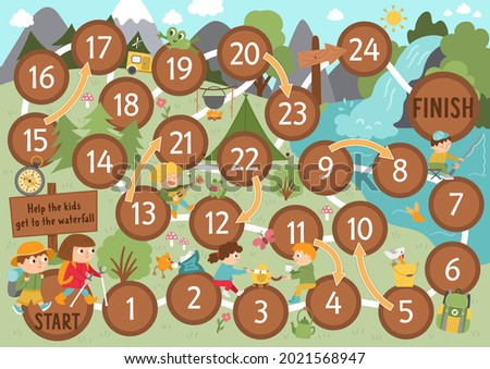 Summer camp dice board game for children with cute animals and kids. Active holidays boardgame with hiking children going to waterfall. Family trip activity. Nature outdoor printable worksheet 
