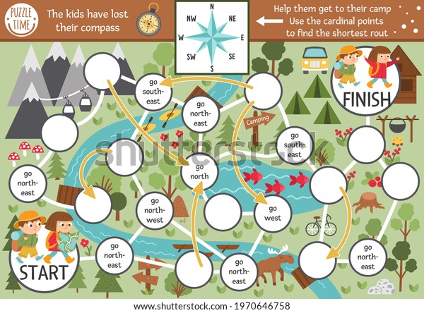 Summer camp dice board game for children with map and\
compass points. Active holidays boardgame with hiking children\
going to the camp. Family trip activity. Nature outdoor printable\
worksheet \
