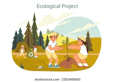 Summer camp ecological project. Happy kids enjoying holidays together in the rural area. Children learning about environment protection and conservation. Childhood adventure. Flat vector illustration