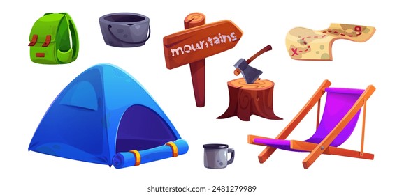 Summer camp elements set isolated on white background. Vector cartoon illustration of tent, backpack, mountains arrow signboard, chaise lounge, pot and mug, axe and firewood, hiking route on paper