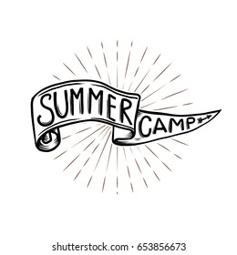 Summer camp emblem. Hand drawn flag with lettering on sunburst background. Vector design element