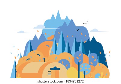 Summer camp. Evening Camp, Pine forest and rocky mountains. Sunset in the mountains. Climbing, Trekking, Hiking, Walking. Campfire Nature landscape