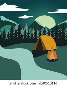Summer camp. Evening Camp, Pine forest and rocky mountains. Sunset in the mountains. Climbing, Trekking, Hiking, Walking. Campfire Nature landscape