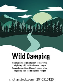 Summer camp. Evening Camp, Pine forest and rocky mountains. Sunset in the mountains. Climbing, Trekking, Hiking, Walking. Campfire Nature landscape