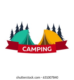 Summer camp. Evening Camp, Pine forest and rocky mountains. Sunset in the mountains. Climbing, Trekking, Hiking, Walking Campfire