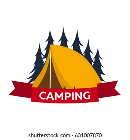Summer camp. Evening Camp, Pine forest and rocky mountains. Sunset in the mountains. Climbing, Trekking, Hiking, Walking Campfire