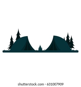 Summer camp. Evening Camp, Pine forest and rocky mountains. Sunset in the mountains. Climbing, Trekking, Hiking, Walking. Campfire Nature landscape