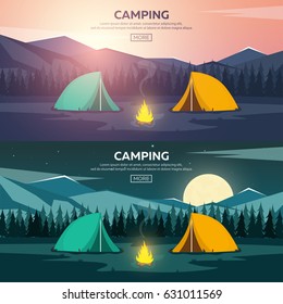 Summer camp. Evening Camp, Pine forest and rocky mountains. Sunset in the mountains. Climbing, Trekking, Hiking, Walking. Campfire Nature landscape