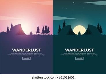 Summer camp. Evening Camp, Pine forest and rocky mountains. Sunset in the mountains. Climbing, Trekking, Hiking, Walking. Campfire. Nature landscape
