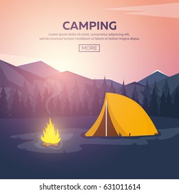 Summer camp. Evening Camp, Pine forest and rocky mountains. Sunset in the mountains. Climbing, Trekking, Hiking, Walking. Campfire Nature landscape
