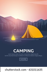 Summer camp. Evening Camp, Pine forest and rocky mountains. Sunset in the mountains. Climbing, Trekking, Hiking, Walking. Campfire Nature landscape