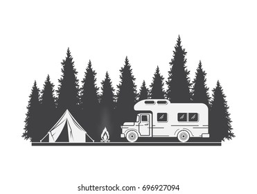 Summer camp. Evening Camp, Pine forest, Camping and outdoor activities illustration