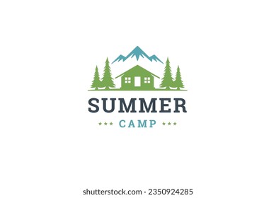 Summer camp expedition logo design template green forest hut mountain vector flat illustration. Outdoor recreation travel adventure exploration camp scout natural wood cliff rock landscape emblem