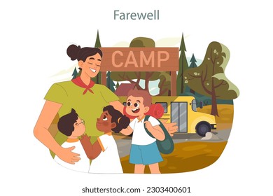 Summer camp farewell. Happy kids saying goodbye to a scoutmaster. Friendship and happy summer memories. Childhood adventure in the rural area. Flat vector illustration