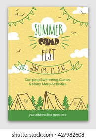 Summer Camp Fest Template, Banner, Flyer Or Invitation Card Design With Date, Time And Activities Details.