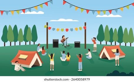 Summer camp festival. People camping on the hill. Music performance. Sunny day. Holiday party. Camping concert.