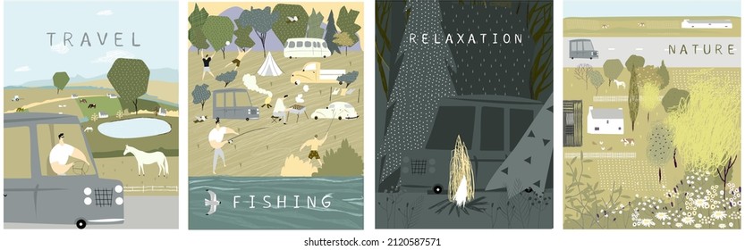 Summer camp with fire, tent, van, backpack, river, fishing, nature, horse, overnight. Vector set of cartoon landscapes with forest, travel and camping. Equipment for travel, hiking and outdoor activit
