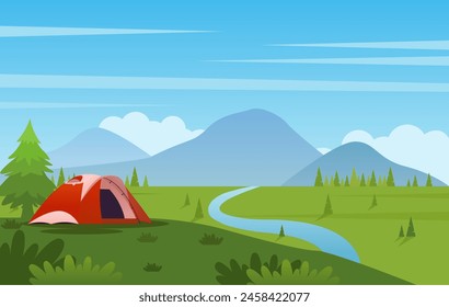 Summer camp flat illustration, with red tent, river, and mountain vector illustration. Suitable for camping event posters, banners and other	