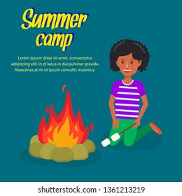 Summer Camp Flat Promotional Poster with Lettering. Young Girl Sitting Near Bonfire. Fried Marshmallows on Stick. Female Cartoon Character. Child, Scout. Vacation, Holiday Postcard