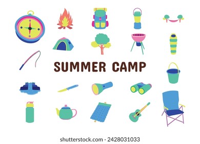 Summer camp Flat Vector Illustration Icon Sticker Set Design Materials
