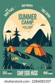 Summer camp flayer, retro style for holidays. Invitation to camp in nature