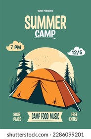 Summer camp flayer, retro style for holidays. Invitation to camp in nature