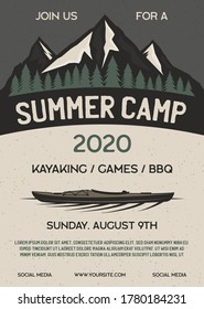 Summer camp flyer A4 format. Mountain Adventure poster graphic design with forest, kayak and text. Stock vector retro card