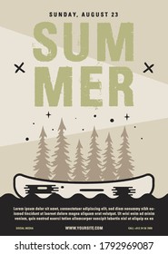 Summer camp flyer A4 format. Canoe Adventure poster graphic design with forest, kayak and text. Stock vector retro card