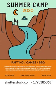 El volante del campamento de verano en formato A4. Diseño gráfico de afiches de Camping Adventure con montañas, río y texto. Tarjeta retro vectorial de stock