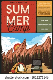 Summer camp flyer A4 format. Camping Adventure poster graphic design with mountains, tent, car and text. Stock vector retro card