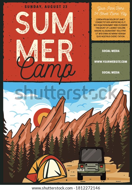 Summer camp flyer A4 format. Camping Adventure\
poster graphic design with mountains, tent, car and text. Stock\
vector retro card